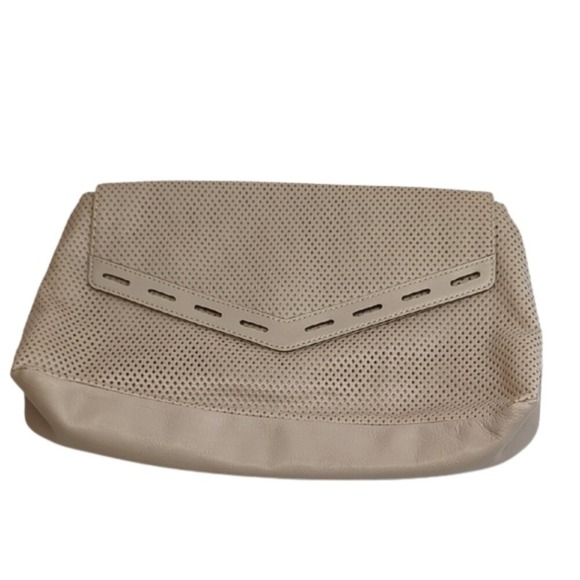 Rebecca Minkoff Perforated Leather Clutch Beige Tan Magnetic Flap NWOT with Bag
